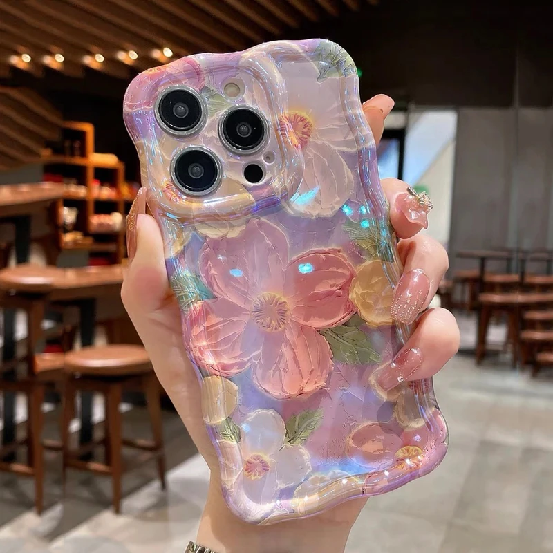 Luxury Laser Blue Light Flowers Phone Case For iPhone 17 Air 16 Pro Max 15 14 13 12 11 Plus Fashion Retro Shockproof Cover