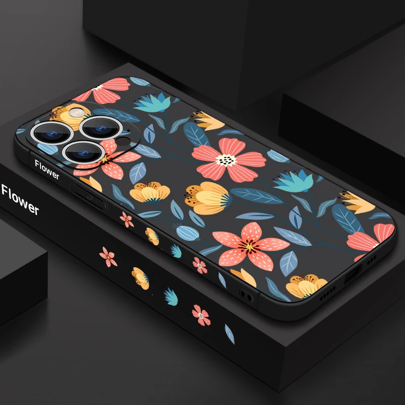 Flowers Soft Silicone Lanyard Case For iPhone 17 16e 15 16 Pro Max 12 13 14 11 Pro Max Air Shockproof Bumper Strip Phone Cover