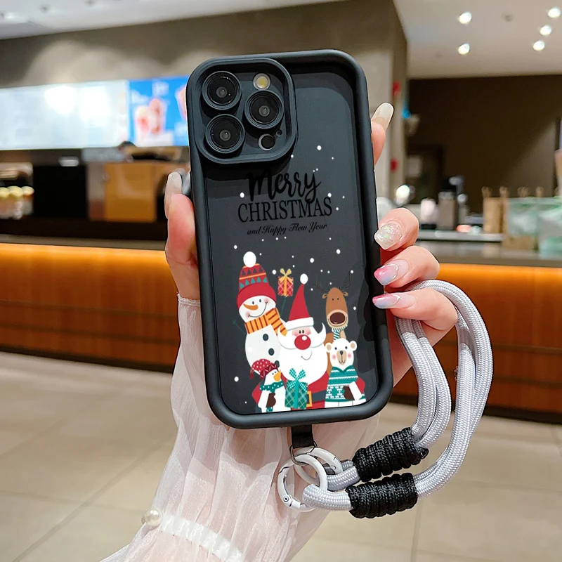 Christmas Pattern Lanyard Rope Phone Case For iPhone 16 15 14 13 12 11 Pro Max X XS XR 7 8 Plus Shockproof Soft Silicone Cover