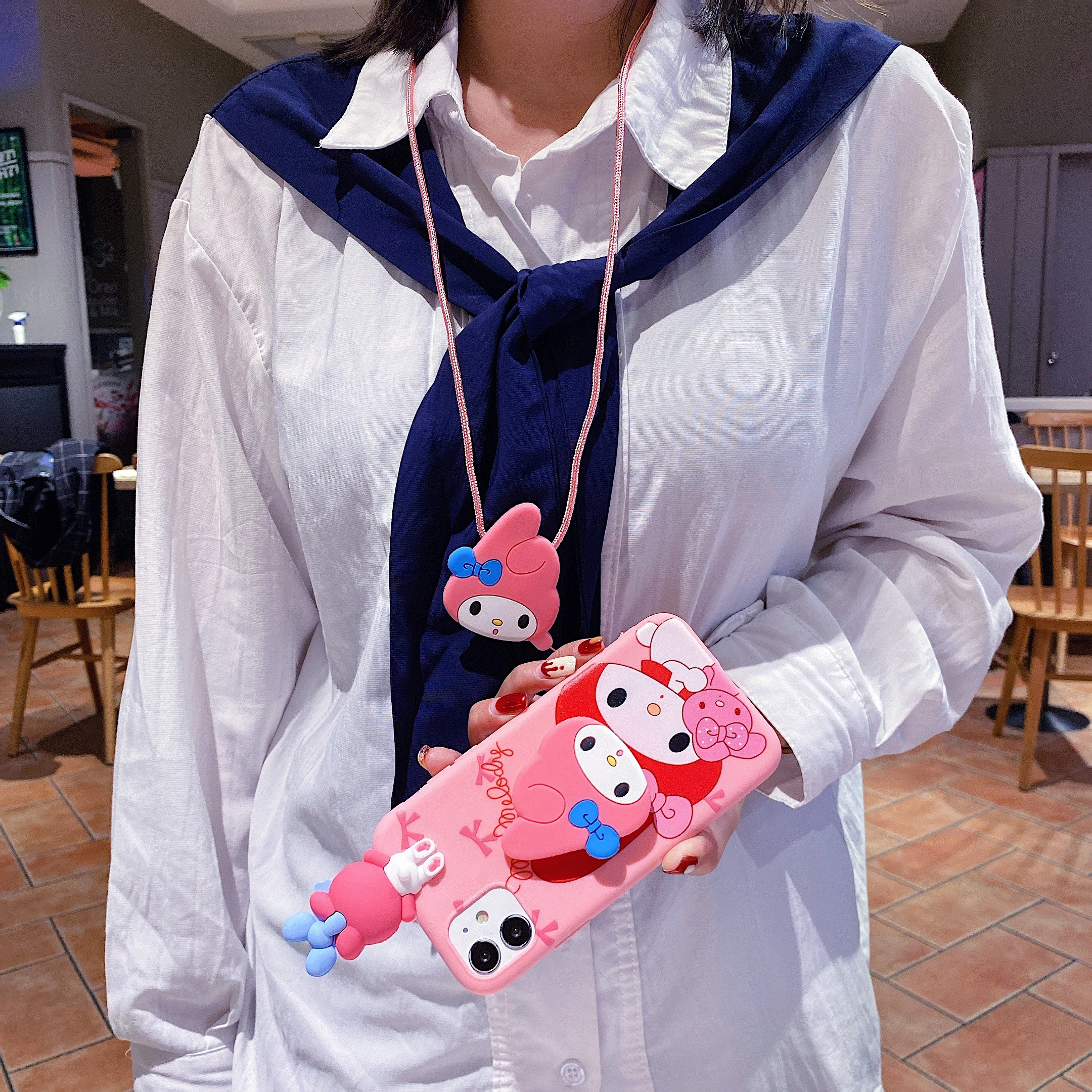 Cute Cartoon Cat Case With Rope For iPhone 16 15 14 13 12 11 Pro Max mini Plus