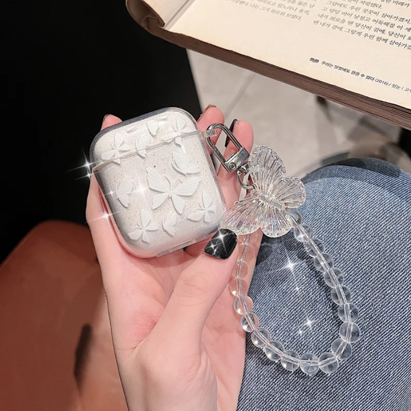 S61f961f7a1604b7aa6be5cf872a23312w.webp Crystal Butterfly Pendant Bead Bracelet Earphone Case For Apple Airpods 4 3 2 For Airpods Pro/ Pro2 Earphone Case With Keychain