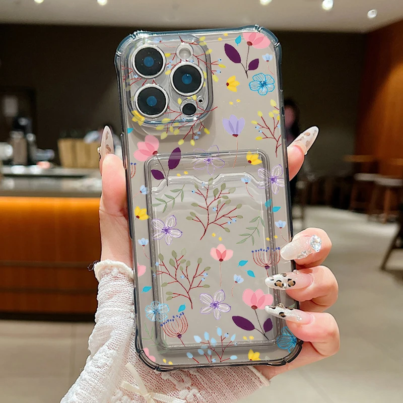 S61f9fe8200ff4322b73e28fcf97eb139p.webp Clear Flowers Patterned Card Holder Phone Case For iPhone 17 Air 16 15 14 13 Pro Max 15 16 17 Pro 16e 12 11 Soft Card Bag Cover
