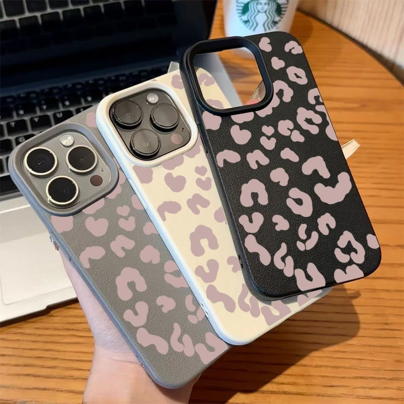For iPhone 17 16 15 14 13 12 11 Pro Max Case Pink Leopard Print Lichee Pattern Silicone Cover For iPhone XS X XR 16 Plus Fundas
