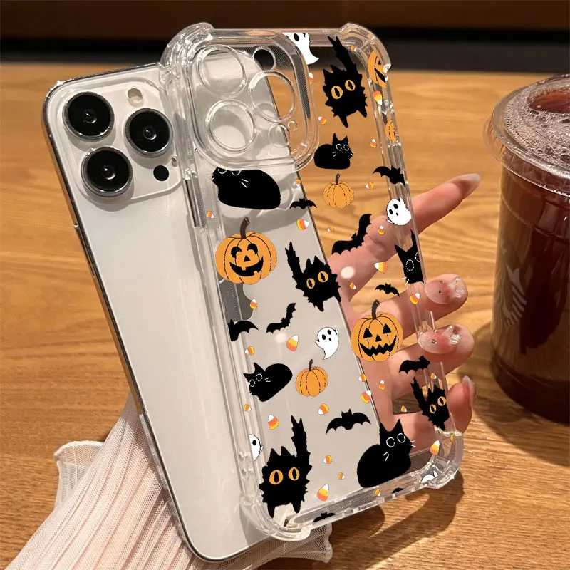 Happy Halloween Cat Pumpkin Bat Phone Case Clear For iPhone 17 16 14 15 11 12 13 Pro Max 16E 16 Plus 17Air Soft Shockproof Cover