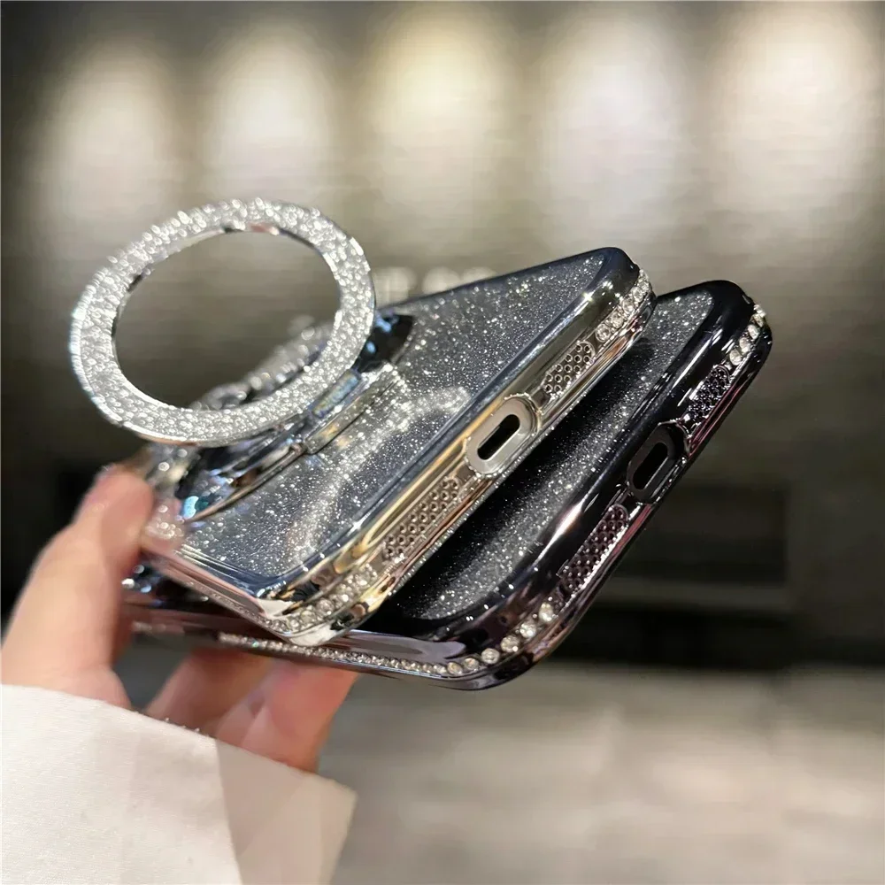 Luxury Plating For Magsafe Magnetic Stand Holder Glitter Diamond Case For iPhone 17 16 15 11 12 13 14 17 Pro Max Silicone Cover