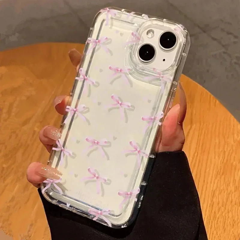 Cute Pink Heart Bow Phone Case for IPhone 17 16 15 14 13 12 11 Pro Max 13 12 Mini 17Air 16e Shockproof Soft Clear Cases Coque