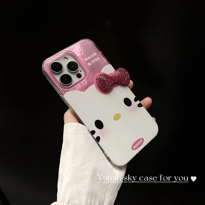 Cut Kitty Cartoon Diamond Bowknot Lustre Lining Hard Phone Case for iPhone 16 15 Pro Max 14 Plus 13 Mini 12 11 X XS XR 7 8 SE