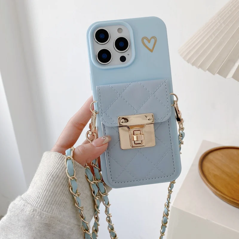 Love Heart Card Holder Wallet Phone Case For iPhone 17 Air 11 12 13 14 15 Pro Max 16 Plus Crossbody Lanyard Strap Rope Cover