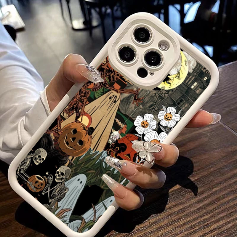 Halloween White Ghost Among Flowers Pattern Silicone Phone Case For iPhone 17 Pro Max XS XR X 16 11 13 12 14 15 8 Plus 16E Cover