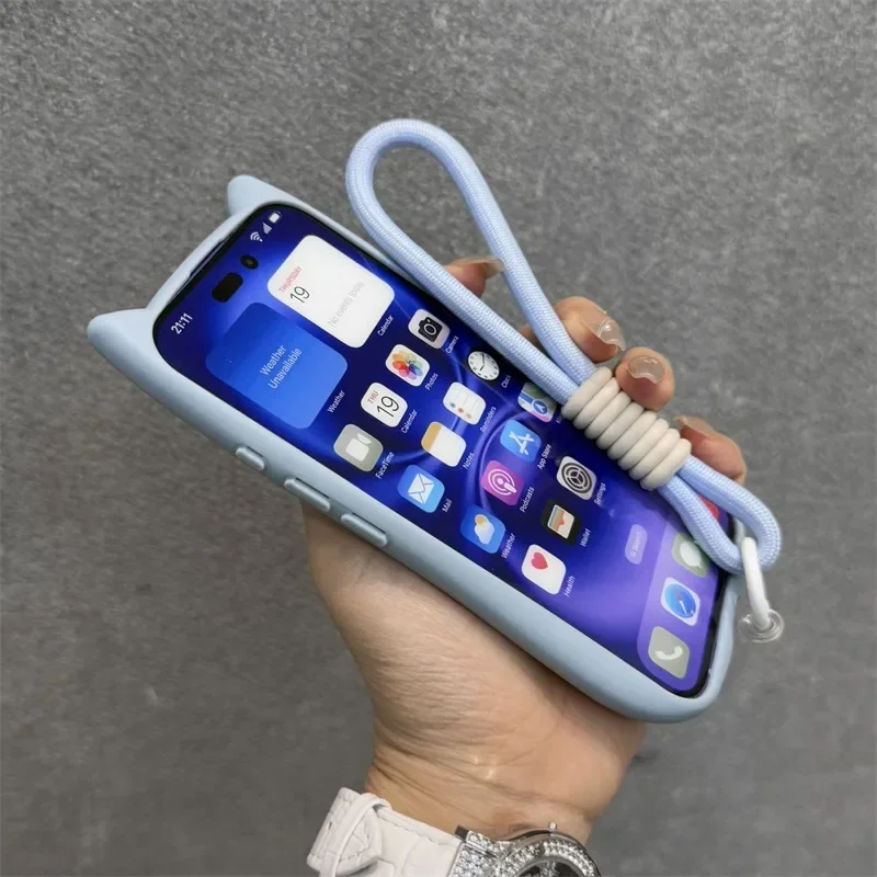 3D Cute Cat Ear Magsafe Case for iPhone 17 Pro 13 14 15 16 Plus 11 12 Pro Max Transparent PC Armor Cover with Wrist Strap Chain