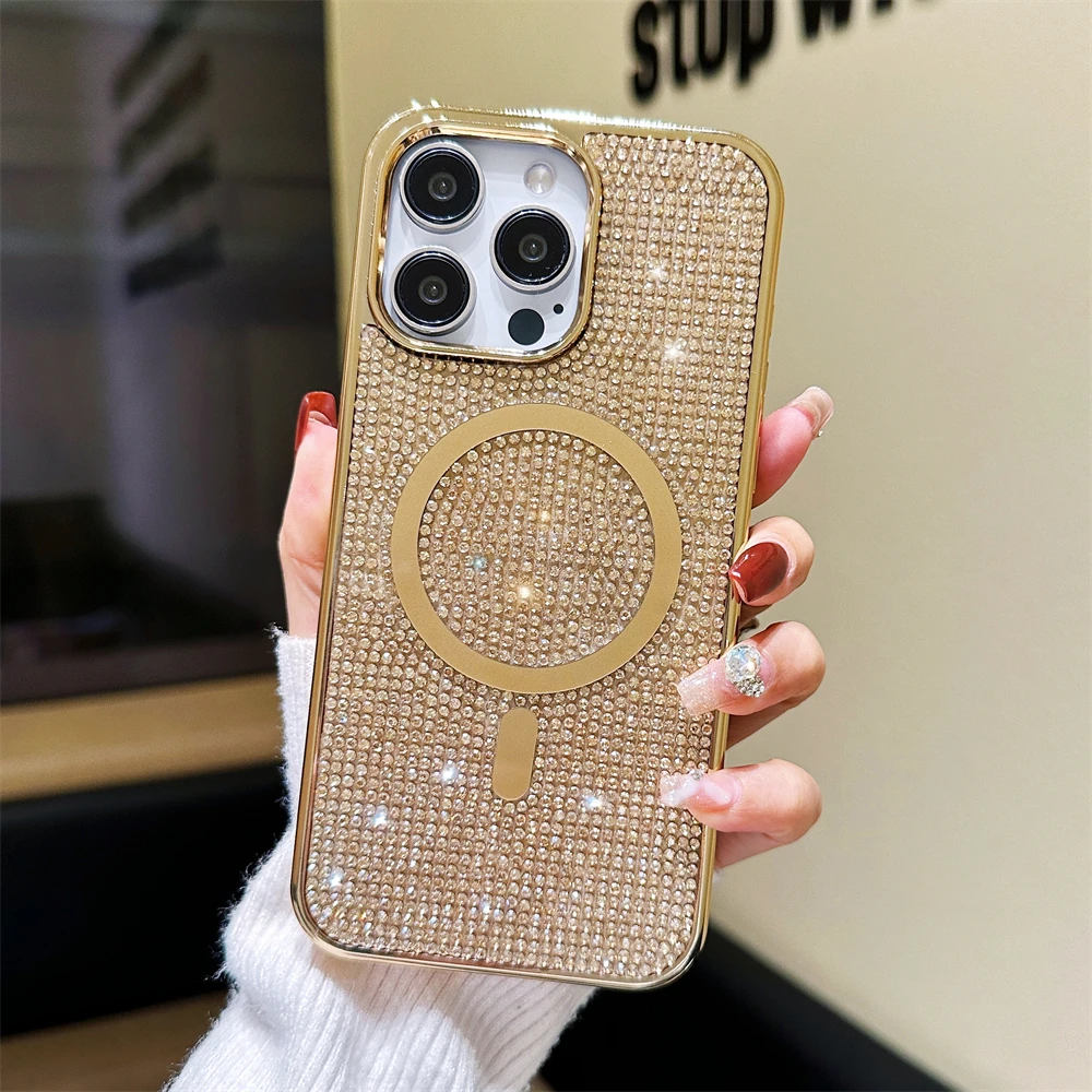 S67ea28449bb84314b57b16c253fe7947I.webp Original For Magsafe Diamond Pattern Phone Case For iPhone 17 16 15 14 12 13 11 Pro Max Plus Magnetic Bling Shiny Solid Cover