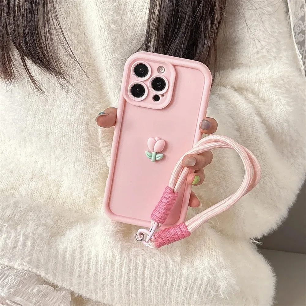 S680ec72adc2f4c918441a37ad4c9ab3d6.webp 3D Cute Tulip Flower Lanyard Rope Phone Case For iPhone 17 16 15 14 13 12 11 Pro Max 16E X XS XR 7 8 Plus Silicone Soft Cover