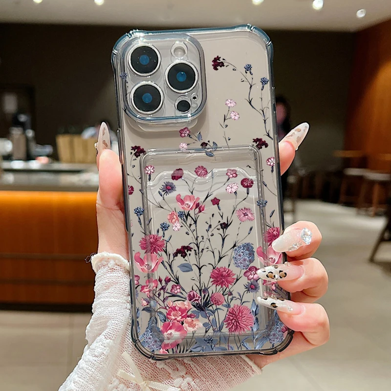 S68836457b9d34e6b9332c007c2ec67aaP.webp Clear Flowers Patterned Card Holder Phone Case For iPhone 17 Air 16 15 14 13 Pro Max 15 16 17 Pro 16e 12 11 Soft Card Bag Cover