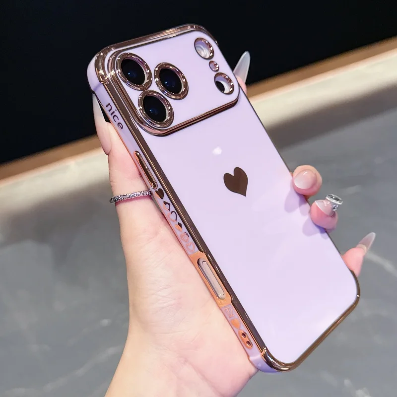 Luxury Plating Love Heart Soft Phone Case For iPhone 17 Air 16 15 14 13 12 11 Pro Max Mini Plus Edge Pattern Silicone Back Cover