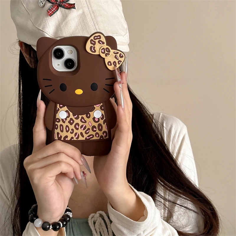 3D Cartoon Kittty Phone Case for iPhone 16 Plus 15 14 13 12 Pro Max Sexy Leopard Print Bowknot Cases Soft Silicone Cover