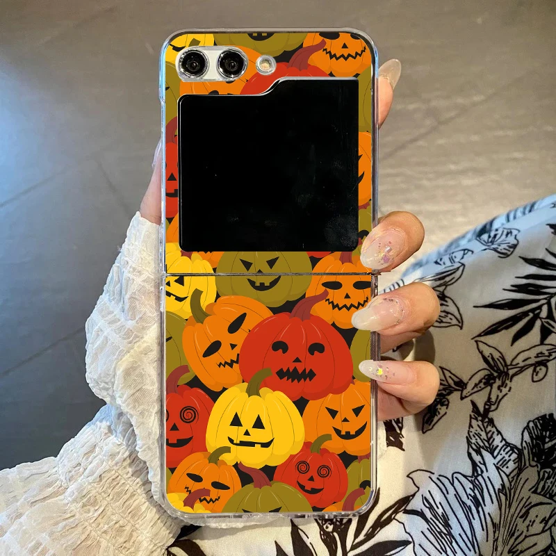 S6a341f9d56cf4e0aa2b2668fe41e81638.webp Halloween Pumpkin Ghost Bat Pattern Phone Case For Samsung Galaxy Z Flip 6 7 4 3 INS Clear Hard PC Folding Cover for Zflip 5 Bag
