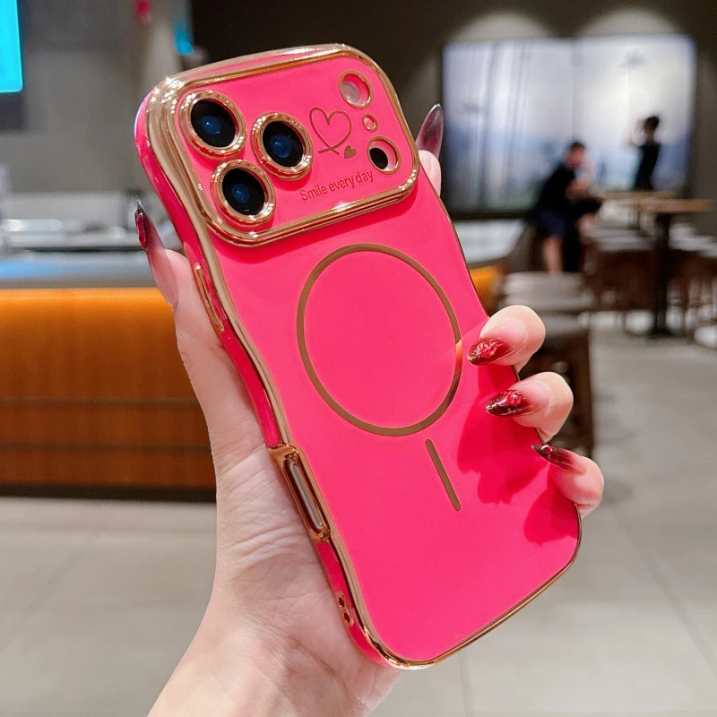 For Magsafe Plating Love Heart Wavy Lines Phone Cases for IPhone 17 16 14 13 12 11 Pro Max 16 15 Plus 17 Air Case Magnetic Cover