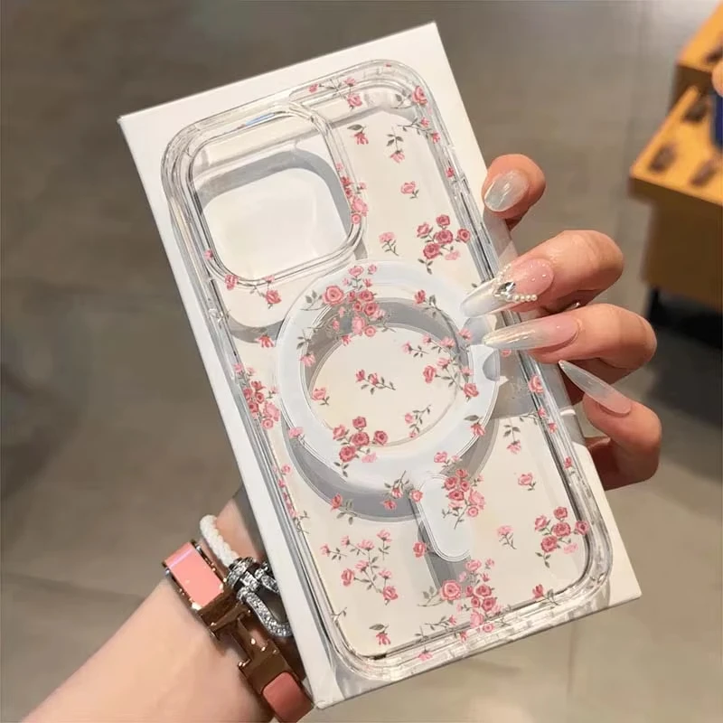 Small Pink Floral Clear Magnetic Phone Case For iPhone 17 11 12 13 14 15 16 Pro Max 16E XR X XS Max 7 8 Plus SE2 Hard Cover