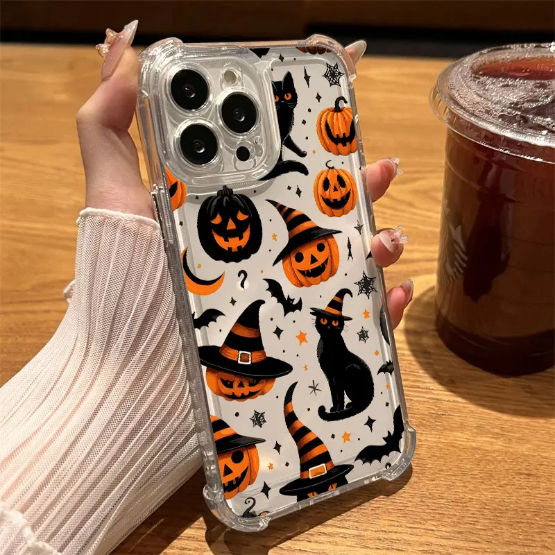 Happy Halloween Cat Pumpkin Bat Phone Case Clear For iPhone 17 16 14 15 11 12 13 Pro Max 16E 16 Plus 17Air Soft Shockproof Cover