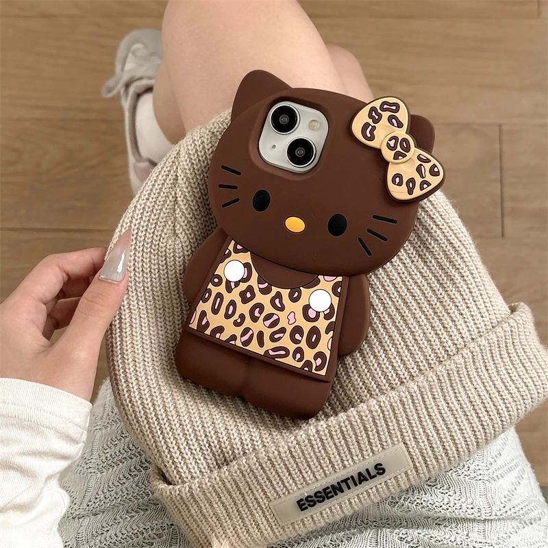 3D Cartoon Kittty Phone Case for iPhone 16 Plus 15 14 13 12 Pro Max Sexy Leopard Print Bowknot Cases Soft Silicone Cover