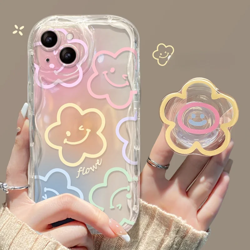 Color Smile Flower Grip Holder Wave Phone Case for Iphone 17 16 Pro Max 17 Air 11 12 13 Mini 14 Plus 15 Pro Max 16E Soft Cover