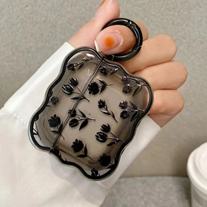 S6f553a9618314f1bb5daf17820bc2010A.webp INS Clear Black Tulip Flower Case For AirPods 3 2 Cute Transparent Cover Retro Rose Flowers Wave Earphone Soft For AirpodPro New