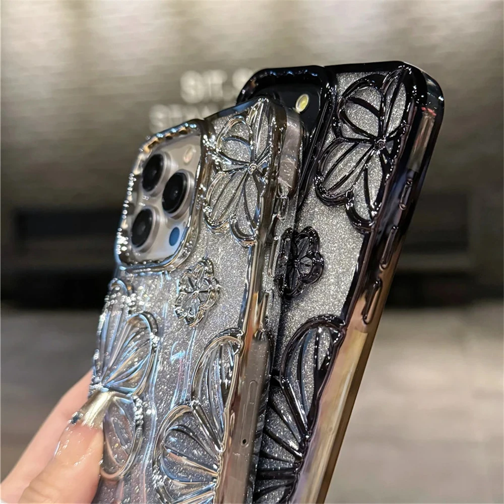 S70072e853010401a992472388ab3a36fX.webp Plating Clear Bling Glitter Gradient Flowers Phone Case For iPhone 17 16 15 11 12 13 14 Pro Max Soft Silicone Shockproof Cover