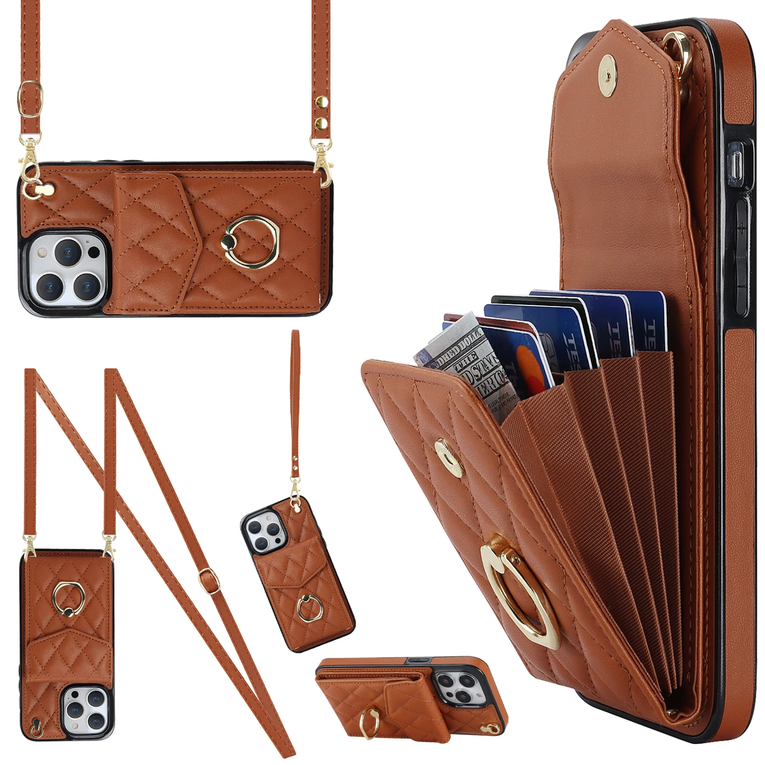 S701a517fbc8d4d38814769a6e666663aJ-2.webp Crossbody Lanyard Ring Holder Leather Case for iPhone 13 14 15 16 E 17 Pro Max 17 Air 16 Plus 12 11 Multi Card Slot Wallet Cover