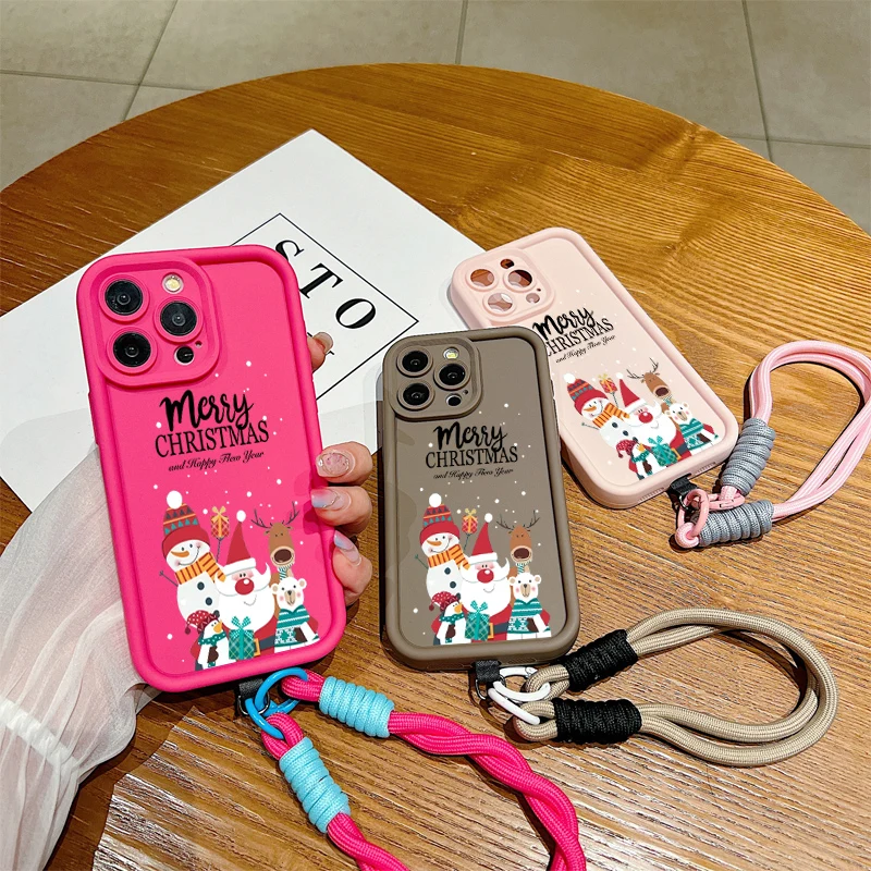Christmas Pattern Lanyard Rope Phone Case For iPhone 16 15 14 13 12 11 Pro Max X XS XR 7 8 Plus Shockproof Soft Silicone Cover