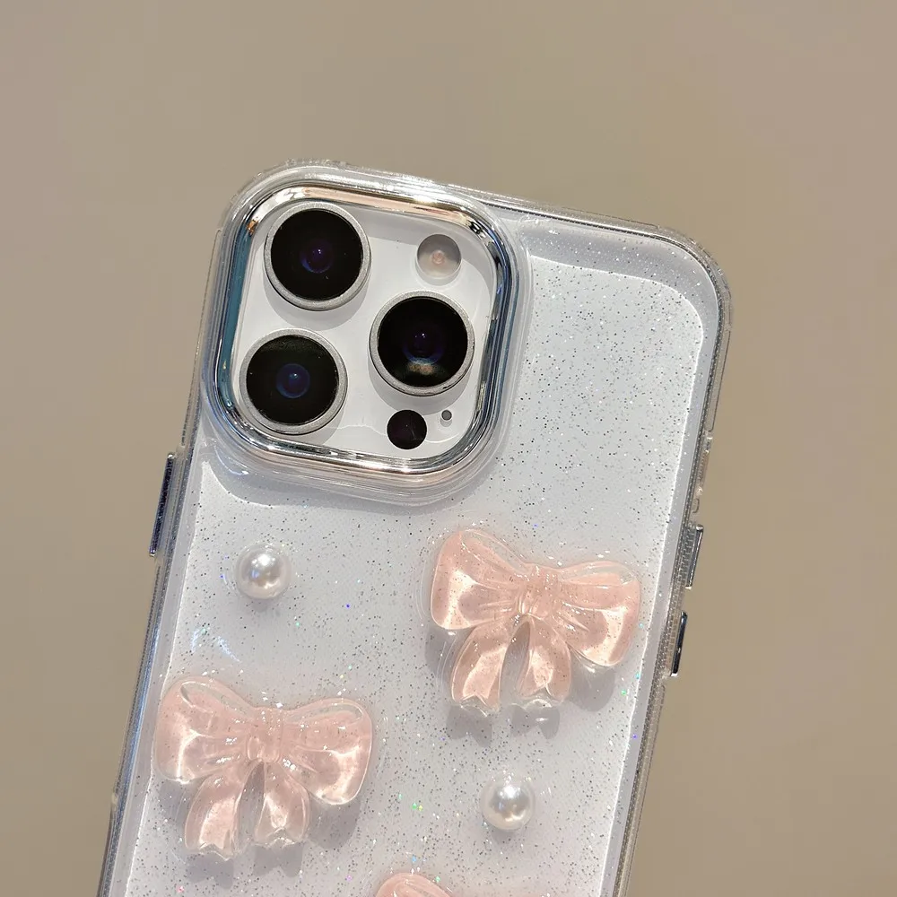 Cute 3D Pink Bowknot Pearl Clear Phone Case For iPhone 16 15 14 13 12 11 Pro Max 16 Plus Shockproof Transparent Cover