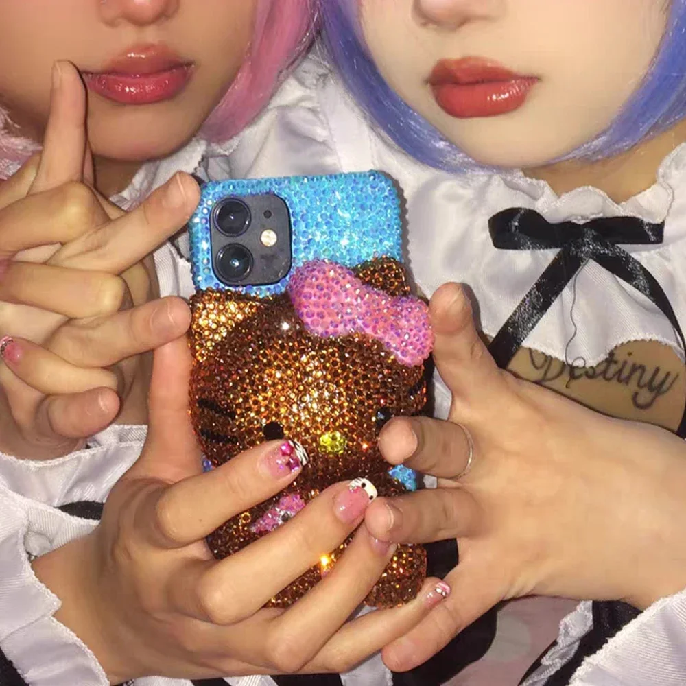 Hot Cute Kitty Cat Rhinestone Crystal Phone Case Chain For iPhone17 Air 16 12 13 14 15Pro Max X Xs XR 7 8 Plus SE Transparent Bu