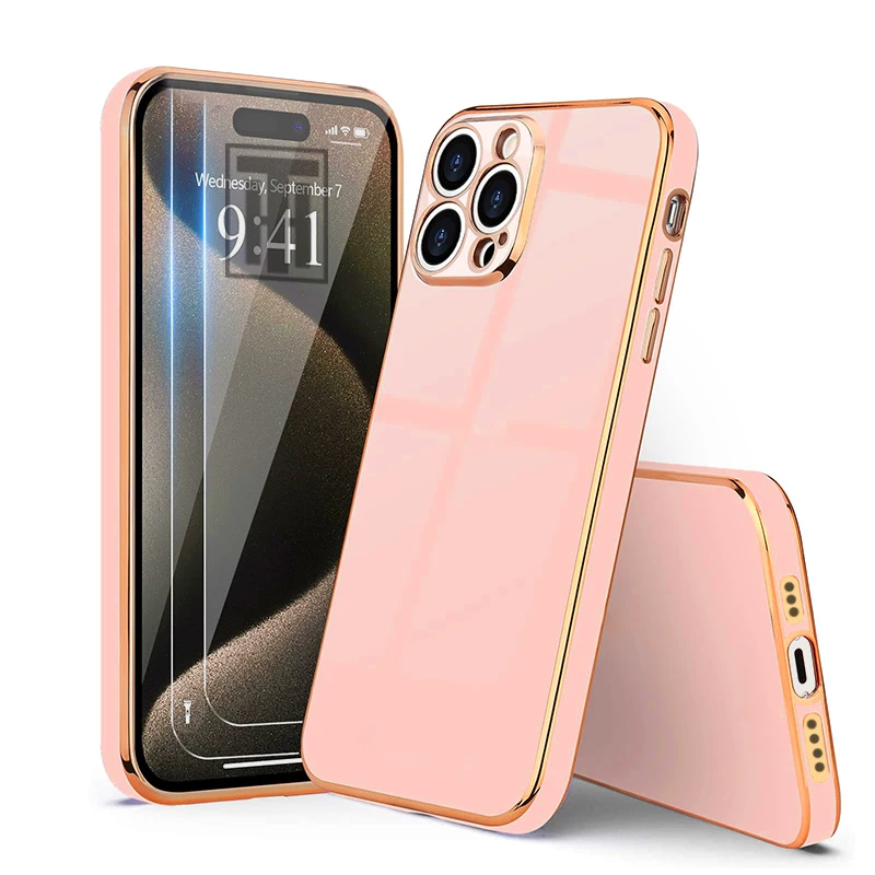 Golden Border Plating Solid Color Silicone Soft Case for iPhone 16 15 14 11 12 13 Pro Max 16 Plus Gloss Fashion Protect Cover