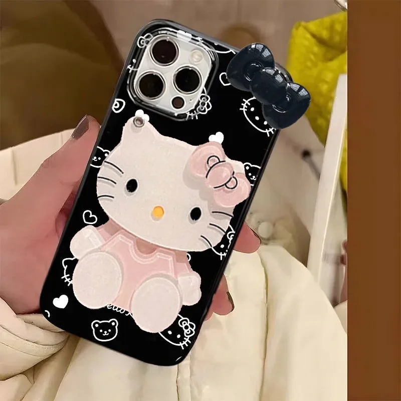 Full Screen Cute Kitty Cartoon Cat Bow Cute KT Bear Phone Case For iPhone 16 15 14 13 12 11 Pro Max XR XS MAX 7 8 Plus MINI Y2K Black Cover