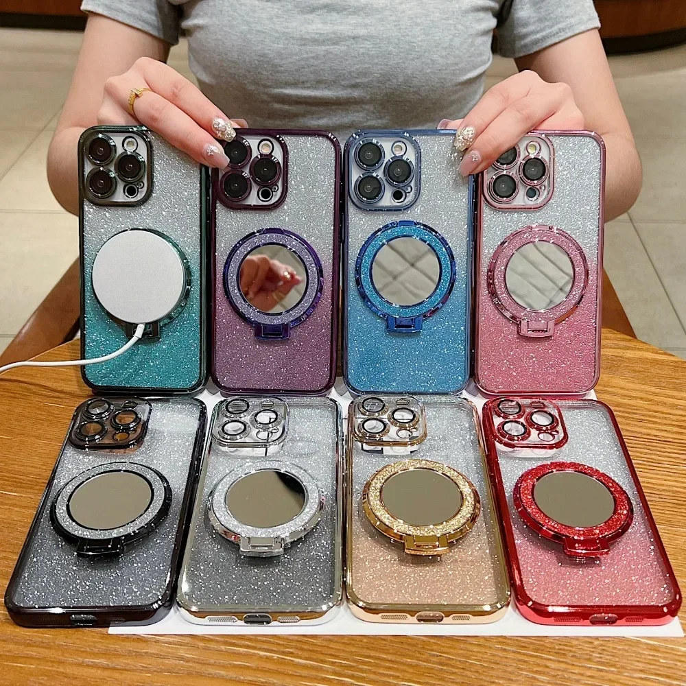 Glitter Diamond for Magsafe Bracket Case for iPhone 15 14 13 16 17 Pro Max Air 16 Plus 11 12 Xr Xs Ring Holder Gradient Cover