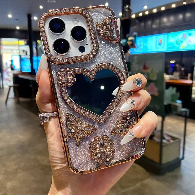 Gradient Glitter Butterfly Case for iPhone 17 16 15 14 13 12 11 Pro Max Love Heart Make-up Mirror Diamond Lens Shockproof Cover