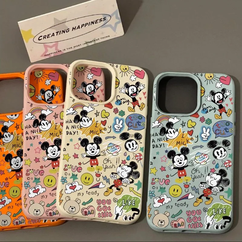 Cartoon Graffiti Mic Mouse Fashion TPU Imitation Leather Phone Case For iPhone 16 Plus 15 14 13 12 11 Pro Max X XR Shock-absorbing