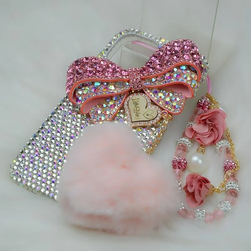 Crystal Diamond Bow Heart Fur Strap Phone Case iPhone 16 17 Air 15 14 13 12 11 Pro Plus Max Samsung Galaxy S24 S23 S25 Ultra