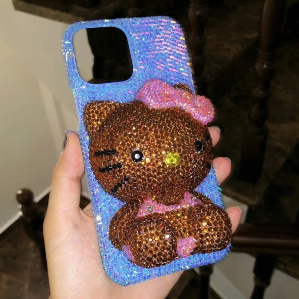 Hot Cute Kitty Cat Rhinestone Crystal Phone Case Chain For iPhone17 Air 16 12 13 14 15Pro Max X Xs XR 7 8 Plus SE Transparent Bu