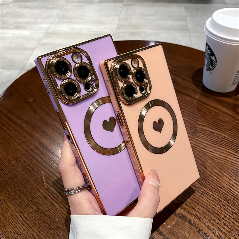 Electroplated Magsafe Love Heart Case For iPhone 17 Air 16 Pro Max 15 14 13 12 11 Plus Magnetic Wireless Charge Shockproof Cover