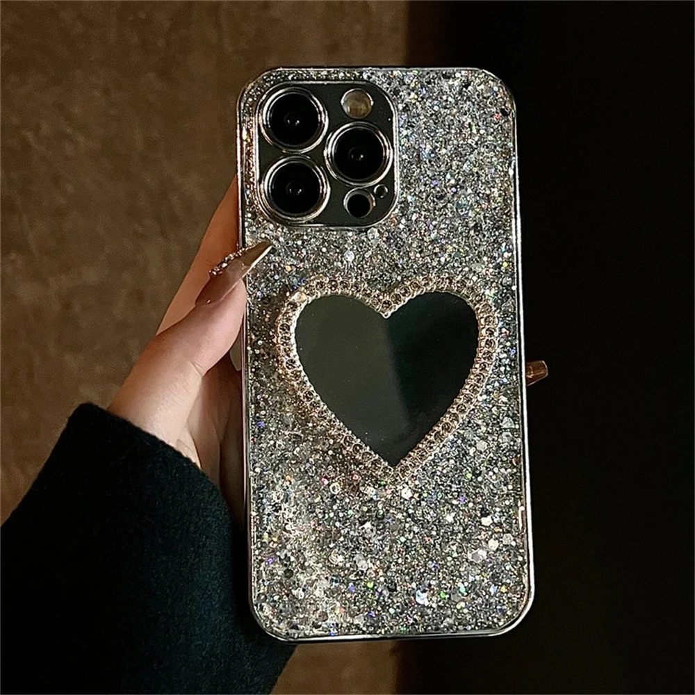 Luxury Bling Glitter Plating 3D Love Heart Mirror Sequins Case For iPhone 17 Air 16 14 15 13 12 11 Pro Max Lens Protection Cover