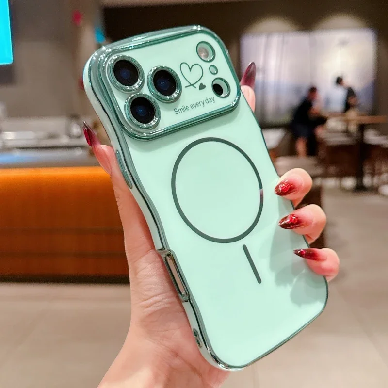 For Magsafe Plating Love Heart Wavy Lines Phone Cases for IPhone 17 16 14 13 12 11 Pro Max 16 15 Plus 17 Air Case Magnetic Cover