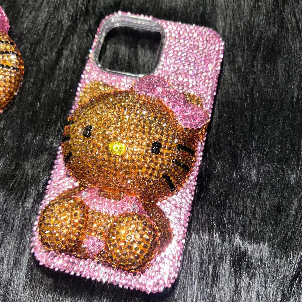 Hot Cute Kitty Cat Rhinestone Crystal Phone Case Chain For iPhone17 Air 16 12 13 14 15Pro Max X Xs XR 7 8 Plus SE Transparent Bu