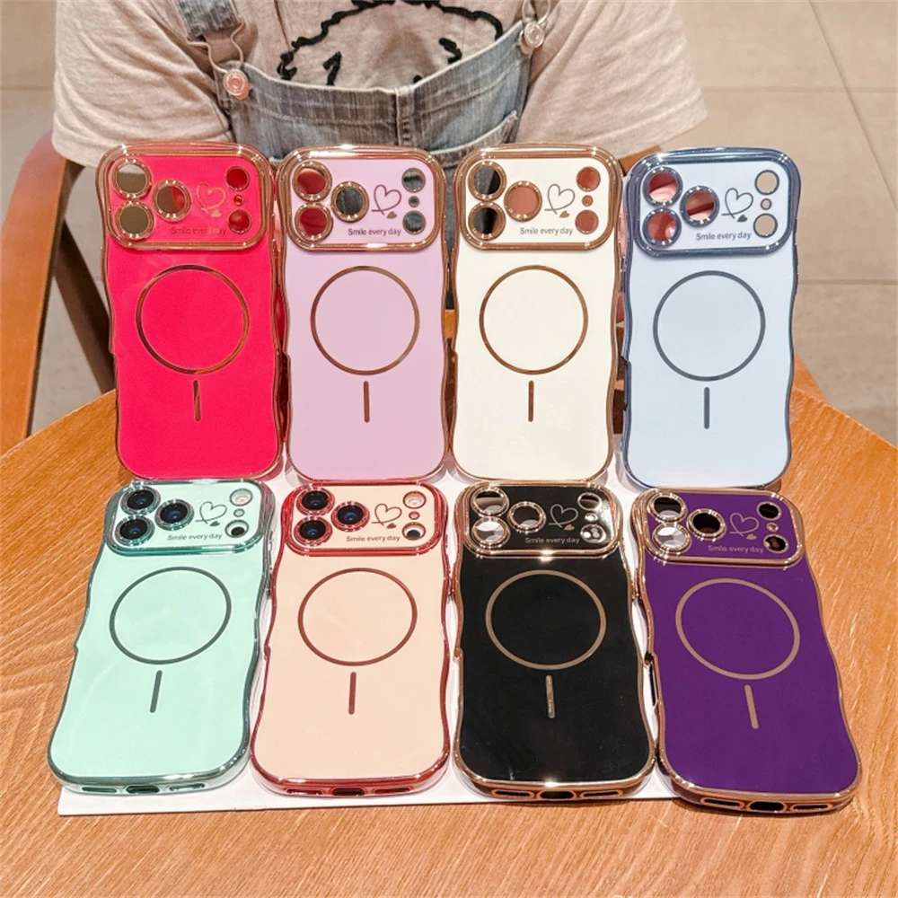 For Magsafe Plating Love Heart Wavy Lines Phone Cases for IPhone 17 16 14 13 12 11 Pro Max 16 15 Plus 17 Air Case Magnetic Cover