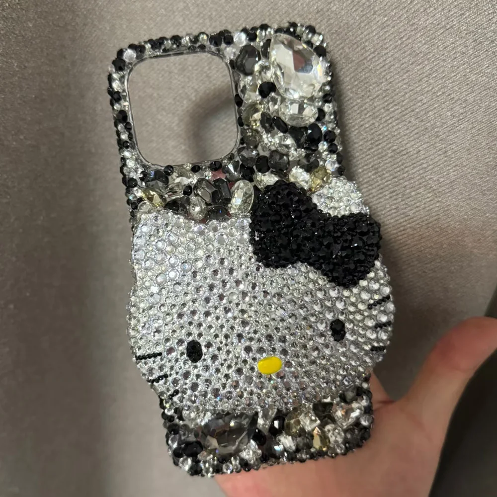 Cute Kitty Cat Rhinestone Bling Crystal Phone Case Chain For iPhone 16 12 13 14 15Pro Max X Xs XR 7 8 Plus SE 2 3 10 Transparent Bu