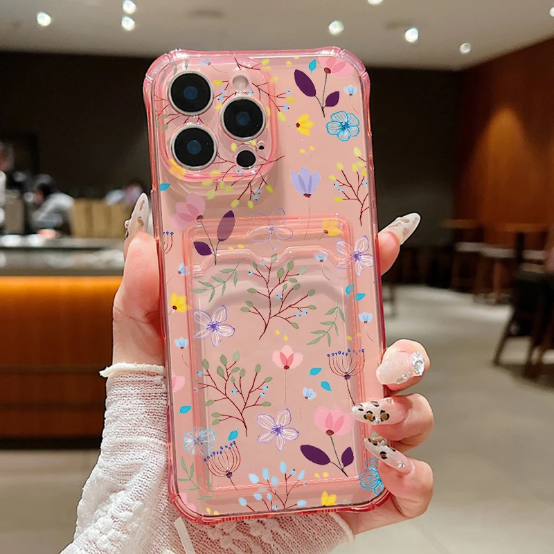 S7a53fe4cbb0e41f8b440c936e472b1978.webp Clear Flowers Patterned Card Holder Phone Case For iPhone 17 Air 16 15 14 13 Pro Max 15 16 17 Pro 16e 12 11 Soft Card Bag Cover