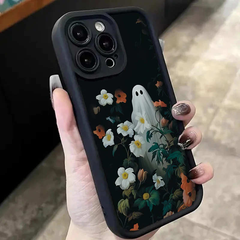Halloween White Ghost Among Flowers Pattern Silicone Phone Case For iPhone 17 Pro Max XS XR X 16 11 13 12 14 15 8 Plus 16E Cover
