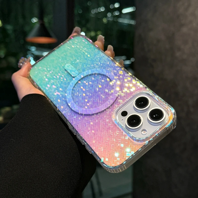 S7bc711a5cbe048efad818c60a7bc3c87q.webp Luxury Glitter Diamond Pattern Transparent Colorful Case For iPhone 17 16 15 14 13 12 Pro Max 11 Magnetic Wireless Charge Capa
