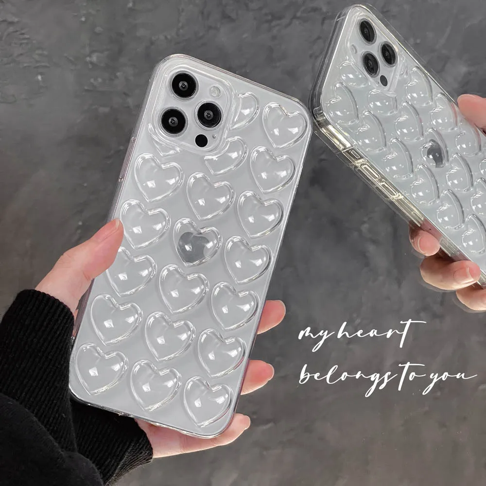 3D Love Heart Bubbles Case For iPhone 17 16 14 15 12 13 11 Pro XS Max XR XS 7 8 SE Soft Cases Bumper Shockproof Back Cover Shell