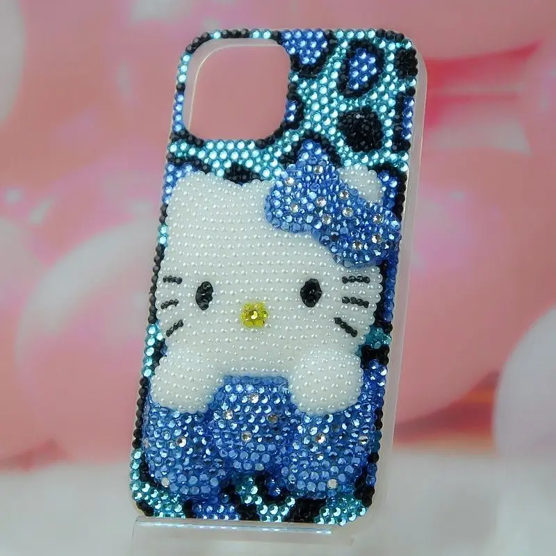 Kitty Cartoon Cat Rhinestone Bling Crystal Phone Case Chain For iPhone17 16 15 14 13 12 11Pro Max XR 7 8 Plus SE Mini Transparent