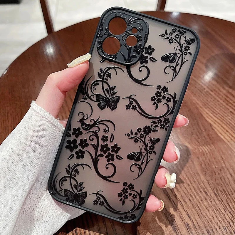 S7cda98be3b6c4992b5d8cc161ec48110g.webp Contrast Frame Flower & Butterfly Print Phone Case For iPhone 17 Air 16 15 14 13 12 11 Pro Max 7 8 Plus SE2 Shockproof Cover